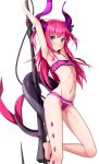  armpits bare_shoulders barefoot bikini blue_eyes blush bow commentary_request curled_horns dragon_girl dragon_tail elizabeth_bathory_(fate) elizabeth_bathory_(fate)_(all) fang fate/grand_order fate_(series) frills hair_ribbon highres long_hair long_legs looking_at_viewer nail_polish navel pink_hair pointy_ears polearm polka_dot polka_dot_bikini purple_bikini ribbon sarkany_csont_landzsa simple_background solo spear stomach swimsuit tail tail_wrap takanashi_kei_(hitsujikan) toenail_polish two_side_up weapon white_background 