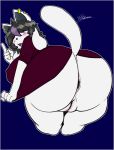  2018 anthro anus big_breasts blush breasts butt canine clothed clothing digital_drawing_(artwork) digital_media_(artwork) dog ear_piercing emo english_text feline female fur goth hair jewelry jyto lipstick looking_at_viewer makeup mammal piercing pussy simple_background solo tem temmie_(undertale) text undertale video_games white_fur 