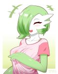  1girl :3 absurdres akatori_(redbird) artist_name blush breasts collarbone creatures_(company) dated eyes_closed fang female game_freak gardevoir gen_3_pokemon gradient gradient_background green_hair hair_over_one_eye hand_up happy highres large_breasts nintendo no_humans open_mouth personification pink_shirt pokemon pokemon_(creature) shiny shiny_hair shiny_skin shirt short_hair short_sleeves simple_background smile solo twitter_username upper_body watermark yellow_background 