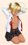  ahoge arms_up aura_bella_fiora blonde_hair breasts closed_eyes commentary_request contemporary dark_skin derivative_work elf hair_tie hair_tie_in_mouth heart_ahoge kneeling long_sleeves mouth_hold nipples no_bra open_clothes open_shirt overlord_(maruyama) plaid plaid_skirt pointy_ears school_uniform seiza shirt short_hair sitting skirt small_breasts solo striped striped_neckwear tarakan tying_hair undone_necktie white_shirt 