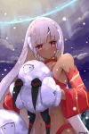  agino altera_(fate) altera_the_santa animal armpits bangs bare_shoulders blush choker closed_mouth cloud collarbone dark_skin detached_sleeves earmuffs eyebrows_visible_through_hair fate/grand_order fate_(series) feet_out_of_frame full_body_tattoo gloves headdress highres holding holding_animal looking_at_viewer midriff navel night night_sky red_eyes sheep short_hair sky snowing solo tan tattoo white_hair 