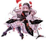  bang_dream! black_dress black_legwear blurry blurry_background boots chino_machiko closed_mouth cosplay depth_of_field dress floating_hair flower frilled_dress frills grey_neckwear grey_ribbon high_heel_boots high_heels lavender_hair long_hair long_sleeves looking_at_viewer microphone minato_yukina neck_ribbon petals purple_flower purple_rose ribbon rose rose_petals rozen_maiden shoes sitting socks solo suigintou suigintou_(cosplay) wide_sleeves yellow_eyes 