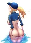  artoria_pendragon_(all) ass bikini blonde_hair blue_eyes blue_hat blush breasts fate/grand_order fate_(series) from_behind hair_through_headwear hat highres long_hair long_sleeves looking_at_viewer medium_breasts mysterious_heroine_xx_(foreigner) partially_submerged ponytail shiroshisu shrug_(clothing) side-tie_bikini sideboob simple_background solo swimsuit water white_background white_bikini 