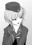  absurdres bangs commentary dress_shirt emblem garrison_cap girls_und_panzer gradient gradient_background greyscale hand_on_own_throat hat highres jacket kuromorimine_military_uniform long_sleeves looking_to_the_side military military_hat military_uniform monochrome nishizumi_miho open_mouth shirt short_hair solo standing tocky uniform upper_body wind 