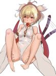  ahoge andira_(granblue_fantasy) animal_ears bangs bare_legs bare_shoulders barefoot blonde_hair blush breasts cat_ears cat_girl cat_tail covered_nipples detached_sleeves fur_trim granblue_fantasy hair_between_eyes legs_up looking_at_viewer medium_breasts mouth_hold short_twintails sideboob simple_background solo spread_legs tail tail_wagging twintails ukimukai white_background wide_sleeves 
