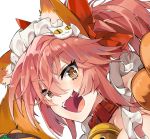  :d animal_ears bell blurry blurry_background blush bright_pupils collar commentary_request depth_of_field eyebrows_visible_through_hair fangs fate/grand_order fate_(series) fox_ears fox_tail hair_ornament hands_up headdress highres jingle_bell korean_commentary looking_at_viewer maid_headdress open_mouth paws pink_hair portrait simple_background smile solo tail tamamo_(fate)_(all) tamamo_cat_(fate) tuxedo_de_cat twintails white_background yellow_eyes 