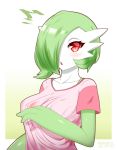  1girl absurdres akatori_(redbird) artist_name blush breasts collarbone creatures_(company) dated female game_freak gardevoir gen_3_pokemon gradient gradient_background green_hair hair_over_one_eye hand_up highres large_breasts looking_at_viewer nintendo no_humans open_mouth personification pink_shirt pokemon pokemon_(creature) red_eyes shiny shiny_hair shiny_skin shirt short_hair short_sleeves simple_background solo twitter_username upper_body watermark yellow_background 