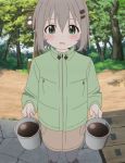  blush brown_hair coffee cup green_eyes highres screencap short_hair solo stitched third-party_edit yama_no_susume yukimura_aoi 