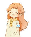  :d ayu_(mog) bangs blush closed_eyes facing_viewer light_brown_hair long_hair malon open_mouth parted_bangs pointy_ears short_sleeves simple_background smile solo standing the_legend_of_zelda upper_body white_background 