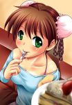  bangs blue_shirt blush bra_strap brown_hair bun_cover cake collarbone couch digdug006 double_bun eating eyebrows_visible_through_hair food food_in_mouth fork fork_in_mouth fruit green_eyes hair_ornament hands_up holding indoors kanamori_reiko looking_at_viewer plate shirt sitting slice_of_cake solo strawberry wrestle_angels wrestle_angels_survivor 