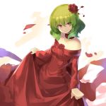  alternate_costume bangs bare_shoulders breasts choker collarbone commentary_request dress eyebrows_visible_through_hair eyes_visible_through_hair flower frilled_choker frills green_hair hair_between_eyes hair_flower hair_ornament head_tilt highres kazami_yuuka long_dress long_sleeves looking_at_viewer medium_breasts off-shoulder_dress off_shoulder petals red_choker red_dress red_eyes red_flower red_rose rin_falcon rose short_hair skirt_hold smile solo touhou v-shaped_eyebrows white_background 