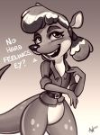  2018 anthro better_version_at_source bottomless clothed clothing digitigrade english_text eyelashes female grey_scales hair kangaroo looking_at_viewer lushieart mammal marsupial monochrome open_mouth paws pouch scales sheila_(spyro) signature smile solo spyro_the_dragon teeth text video_games 