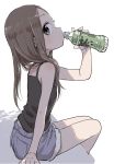  absurdres bare_arms bare_shoulders black_camisole blush bottle brown_hair camisole commentary_request denim denim_shorts drinking forehead from_side highres holding karakai_jouzu_no_takagi-san legs_together long_hair looking_at_viewer looking_to_the_side short_shorts shorts simple_background solo takagi-san water_bottle white_background yamamoto_souichirou 