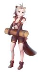  american_beaver_(kemono_friends) animal_ears antenna_hair beaver_ears beaver_tail bike_shorts black_gloves boots carrying elbow_gloves full_body fur_collar gloves grey_eyes grey_hair hair_ornament hairclip ise_(0425) kemono_friends log looking_away parted_lips short_hair simple_background sleeveless solo standing tail white_background 