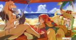  2018 absurd_res anthro beach bikini blue_sky braided_hair breasts butt canine clothing daji_(fullbokko_heroes) detailed_background digitigrade feline female group hair hand_fan hi_res kushinadahime_(fullbokko_heroes) lighting long_hair looking_at_viewer lying magiace mammal multi_tail on_front on_side pawpads paws seaside sitting sky smile string_bikini swimsuit 