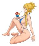  1girl arm_support bangs bare_legs barefoot blonde_hair blue_eyes blue_swimsuit blurry breasts cleavage criss-cross_halter curvy drink drinking drinking_straw erect_nipples eyebrows_visible_through_hair eyes_visible_through_hair flower folded_ponytail food from_side fruit full_body hair_between_eyes halterneck highres hip_bones large_breasts lens_flare lilith-soft long_hair looking_at_viewer navel nipples o-ring o-ring_swimsuit orange orange_slice outdoors perky_breasts ponytail shiny shiny_hair shiny_skin sidelocks simple_background sitting slingshot_swimsuit solo sweat swimsuit taimanin_(series) taimanin_asagi taimanin_asagi_battle_arena tied_hair touko_von_messerschmitt white_background zol 