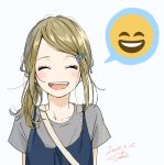  :d ^_^ blonde_hair blush closed_eyes commentary dated emoji facing_viewer fang grey_hair hair_ornament hairclip highres low_ponytail open_mouth original sako_(user_ndpz5754) short_sleeves side_ponytail signature smile solo upper_body 