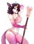  2018 5_fingers anthro bandeau breasts clothed clothing digital_media_(artwork) ear_piercing equine eyebrows eyelashes female hair holding_object horn kristiana_puff looking_at_viewer mammal midriff navel panties piercing simple_background solo underwear unicorn white_background yellow_eyes 