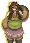  anthro black_fur bow breasts brown_fur brown_hair canine clothing digital_media_(artwork) dipstick_tail female fluffy fur hair inner_ear_fluff japanese_text kikunoya legwear long_hair looking_at_viewer mammal multicolored_fur multicolored_tail navel open_mouth pink_fur shirt signature skirt slightly_chubby smile solo standing stockings tanuki text tongue two_tone_fur v_sign 
