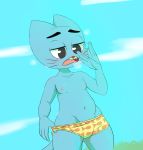  2018 absurd_res anthro blue_fur bulge cartoon_network cat clothing cloud cub digital_media_(artwork) feline fur grass gumball_watterson half-closed_eyes hi_res male mammal nipples outside solo standing sweat swimsuit the_amazing_world_of_gumball therita3k whiskers young 
