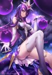  bare_shoulders breasts elbow_gloves eyepatch facial_mark familiar gloves hair_ornament highres impossible_clothes impossible_shirt league_of_legends long_hair looking_at_viewer magical_girl medium_breasts oopartz_yang patreon_username purple_eyes purple_hair shirt single_thighhigh sitting skirt sky smile solo star_(sky) star_guardian_syndra starry_sky syndra thighhighs thighlet watermark web_address 
