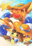  bad_twitter_id beach blush crazy_straw drinking_straw eating food fruit gen_1_pokemon gen_2_pokemon hat hideko_(l33l3b) highres holding ice_cream innertube no_humans orange_eyes pichu pikachu pokemon pokemon_(creature) raichu smile straw_hat water watermelon wet 