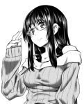  1girl bangs bare_shoulders blush breasts glasses highres kawajuu long_hair looking_at_viewer medium_breasts monochrome original sleeves_past_wrists 