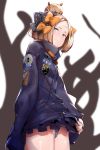  abigail_williams_(fate/grand_order) alternate_hairstyle bandaid_on_forehead bangs belt black_bow black_jacket black_panties blonde_hair blue_eyes blush bow commentary_request fate/grand_order fate_(series) forehead hair_bow hair_bun heroic_spirit_traveling_outfit high_collar highres jacket jacket_lift long_hair looking_at_viewer orange_bow panties parted_bangs polka_dot polka_dot_bow shadow sleeves_past_fingers sleeves_past_wrists solo tentacles thighs underwear uno_ryoku 