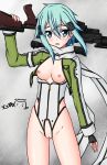  10s 1girl anti-materiel_rifle aqua_eyes aqua_hair artist_name black_gloves blush breasts breasts_outside cleft_of_venus contrapposto cowboy_shot cropped_jacket crotchless_clothes crotchless_leotard dated fingerless_gloves gloves gun leotard looking_at_viewer matching_hair/eyes medium_breasts no_bra open_mouth partially_unzipped pgm_hecate_ii ppshex rifle scarf shinon_(sao) short_hair sinon small_areolae small_nipples sniper_rifle standing sword_art_online uncensored weapon zipper 