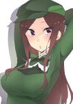  arm_up blush bow breasts brown_hair dorothy_(princess_principal) green_bow green_hat green_shirt hat highres long_hair looking_at_viewer princess_principal purple_eyes shirt simple_background sk02 solo upper_body white_background 