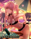  bikini bottle breasts cleavage closed_mouth cowboy_shot cup drinking_glass fate/grand_order fate_(series) glass hand_on_hip highres leaning_forward long_hair looking_at_viewer medb_(fate)_(all) medb_(swimsuit_saber)_(fate) medium_breasts navel palm_tree pink_hair signature smile solo sunset swimsuit table tiara tree twintails water wine_bottle yellow_eyes yuu_(pixiv769259) 