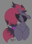  2018 ambiguous_gender anthro aronhilistix canine digital_media_(artwork) female hair hi_res looking_at_viewer mammal navel navel_piercing nintendo piercing pok&eacute;mon pok&eacute;mon_(species) purple_eyes solo video_games wide_hips zoroark 