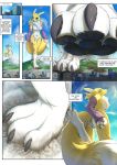  anthro city destruction digimon english_text feet female hi_res low-angle_view macro mammal mostly_nude notbad621 paws renamon size_difference solo standing text walking 