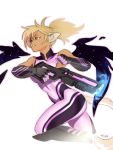  black_footwear blonde_hair bodysuit boots copyright_request from_side green_eyes gun holding holding_gun holding_weapon knee_boots parted_lips pointy_ears ponytail purple_bodysuit rifle running signature simple_background solo tail typo_(requiemdusk) weapon white_background wings 