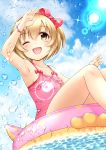  ;d arm_up armpits bangs bare_arms bare_shoulders blonde_hair blue_sky blush bow bracelet brown_eyes casual_one-piece_swimsuit check_commentary cloud cloudy_sky collarbone commentary commentary_request day eyebrows_visible_through_hair fingernails hair_between_eyes hair_bow hairband highres idolmaster idolmaster_cinderella_girls innertube jewelry koga_koharu multicolored multicolored_polka_dots one-piece_swimsuit one_eye_closed open_mouth outdoors pink_innertube pink_swimsuit polka_dot polka_dot_bow polka_dot_hairband red_bow red_hairband regular_mow short_hair sky smile solo sparkle swimsuit water water_drop 