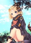 abigail_williams_(fate/grand_order) babycado bangs bare_legs black_bow black_jacket blonde_hair blue_eyes blue_sky blurry blurry_foreground blush bow closed_mouth cloud cloudy_sky commentary crossed_bandaids day depth_of_field eyebrows_visible_through_hair fate/grand_order fate_(series) hair_bow hair_bun head_tilt heroic_spirit_traveling_outfit highres jacket long_hair long_sleeves looking_at_viewer object_hug orange_bow outdoors parted_bangs polka_dot polka_dot_bow sky sleeves_past_fingers sleeves_past_wrists solo sparkle stuffed_animal stuffed_toy suction_cups teddy_bear tentacles 