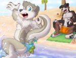  &lt;3 anthro arcc beach black_fur blue_eyes bulge butt canine clothed clothing cub danzer eyes_closed fish fur grey_fur humor laugh male mammal marine mustelid navel open_mouth otter panic scared seaside speedo swimsuit taunton_(turrentwolfie) tears teeth topless water white_fur young 