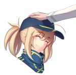  absurdres ahoge artoria_pendragon_(all) baseball_cap blue_hat blue_jacket blush boa_(brianoa) closed_eyes commentary_request eyebrows_visible_through_hair fate/grand_order fate_(series) fujimaru_ritsuka_(male) hair_through_headwear happy hat highres jacket long_sleeves mysterious_heroine_xx_(foreigner) out_of_frame petting ponytail smile solo_focus transparent_background 