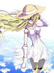  bare_shoulders blonde_hair blue_eyes collar commentary_request copyright_request doll_joints dress gloves hair_over_one_eye hand_up hat highres jin_(mugenjin) long_hair looking_at_viewer one_eye_covered pointy_ears solo standing straw_hat sundress very_long_hair white_dress white_gloves wind 