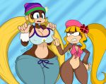  2017 angry anthro big_breasts blonde_hair blue_eyes blush bottomless breast_size_difference breasts brown_fur cleavage clothed clothing colored dixie_kong donkey_kong_(series) duo ear_piercing eyelashes featureless_crotch female fur hair hand_on_hip hat kirrol long_hair mammal monkey navel nintendo nipple_bulge piercing poking ponytail primate sibling sisters skimpy sssonic2 sweat sweatdrop teeth thick_thighs tiny_kong video_games wide_hips 
