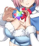  blue_capelet bow bowtie breasts capelet cleavage detached_sleeves facing_viewer fate/grand_order fate_(series) fur_trim hands_up highres large_breasts long_sleeves mash_kyrielight pink_hair red_neckwear saint_quartz saruchitan short_hair simple_background smile solo white_background 
