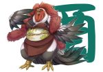  anthro avian beak big_breasts bird black_feathers breasts chicken digital_media_(artwork) feathers female japanese_text kikunoya open_mouth red_feathers slightly_chubby smile solo standing tail_feathers talons text thick_thighs tongue tongue_out translation_request voluptuous white_feathers wings yellow_eyes 