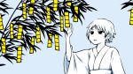  blue_background commentary hand_up japanese_clothes kimono long_sleeves obi original parted_lips sash short_hair simple_background solo tanabata tanzaku tetris tree wide_sleeves yajirushi_(chanoma) yukata 