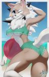  2018 anthro ballistic-cottontail blue_eyes breasts brown_fur butt canine clothing digital_media_(artwork) female fur looking_at_viewer lycanroc mammal midday_lycanroc multicolored_fur nintendo one_eye_closed pok&eacute;mon pok&eacute;mon_(species) presenting presenting_hindquarters smile solo standing teeth tuft video_games white_fur wink 