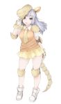  armadillo_ears armadillo_tail bangs black_eyes black_hair blunt_bangs elbow_pads extra_ears eyebrows_visible_through_hair full_body giant_armadillo_(kemono_friends) hat ise_(0425) kemono_friends knee_pads long_hair miniskirt necktie open_mouth orange_vest pleated_skirt shoulder_pads simple_background skirt solo teeth white_background wrist_guards yellow_skirt 