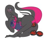  alpha_channel areola blush breasts egg female hand_on_breast kinkangel looking_at_viewer nintendo nipples oviposition pok&eacute;mon pok&eacute;mon_(species) purple_eyes pussy raised_tail rear_view salazzle shy solo tongue tongue_out video_games 