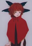  bangs black_bow black_shirt bow cape chromatic_aberration closed_mouth commentary disembodied_head hair_bow highres looking_at_viewer red_cape red_eyes red_hair sekibanki shirt short_hair solo touhou zero_nana 