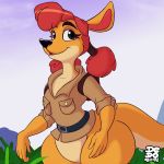  2018 anthro backpack belt black_eyes black_nose bottomless clothed clothing digital_media_(artwork) eyelashes featureless_crotch female grass green_eyes hair hi_res kangaroo lionalliance looking_at_viewer mammal marsupial pigtails pouch red_hair sheila_(spyro) signature smile solo spyro_the_dragon video_games 