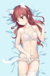  animal_ears blush bow bow_bra bra cat_ears cat_tail chigusa_asuha collarbone commentary drawn_ears drawn_tail frilled_bra frilled_panties frills hand_on_own_stomach light_frown long_hair panties qualidea_code red_eyes red_hair sekiya_asami solo tail thighhighs underwear underwear_only white_bra white_legwear white_panties 