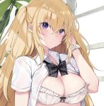  ahoge black_neckwear blonde_hair blurry blurry_background blush bow bow_bra bowtie bra breasts cleavage closed_mouth collared_shirt commentary_request copyright_request depth_of_field eyebrows_visible_through_hair hair_between_eyes hand_up large_breasts long_hair looking_at_viewer mole mole_on_breast mole_under_eye oniku_(oishii_oniku) plant potted_plant purple_eyes shirt short solo sweat two_side_up underwear watch white_bra white_shirt window wing_collar wristwatch 